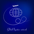 Global logistics network. Map global logistics partnership connection. Airplane connections network concept on blue backgrpund. T